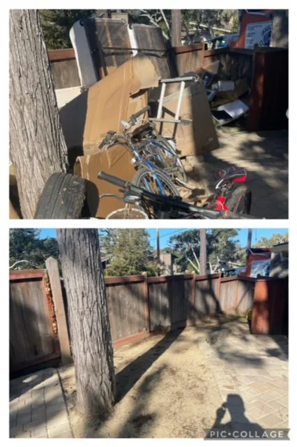 Junk Removal Carmel Valley A bicycle is leaning against a pile of discarded items and cardboard boxes next to a tree.