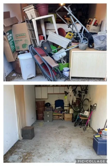 Junk removal Company in Pebble Beach a cluttered storage unit with boxes, chairs, and various items, while the bottom image shows the same unit after being organized with a bicycle, tools, and shelving.
